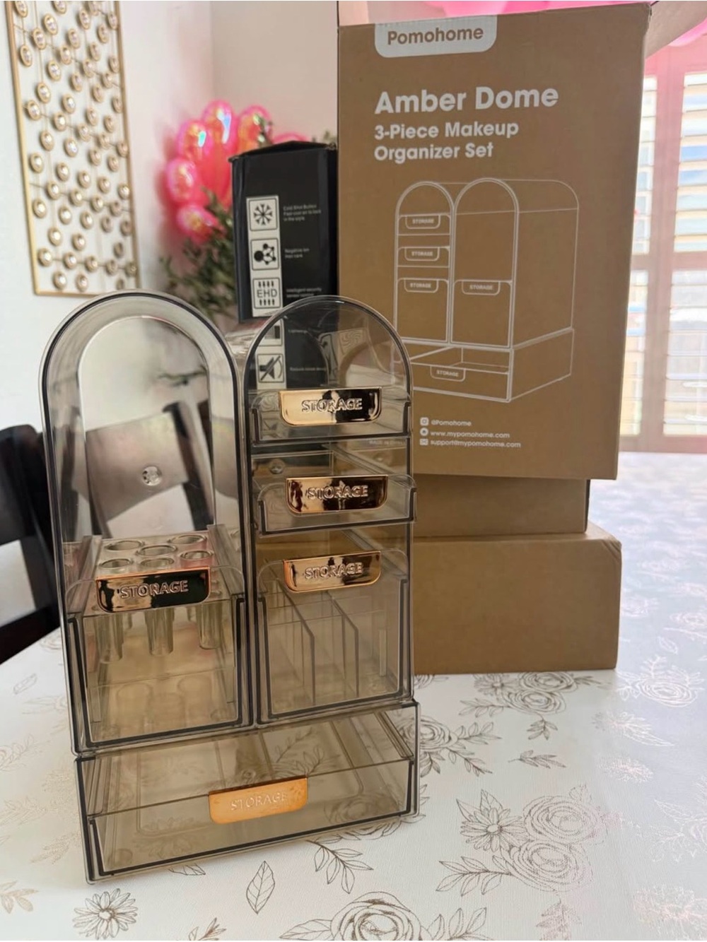 Amber Dome 3-Piece Makeup Organizer Set - Smoke/Gold